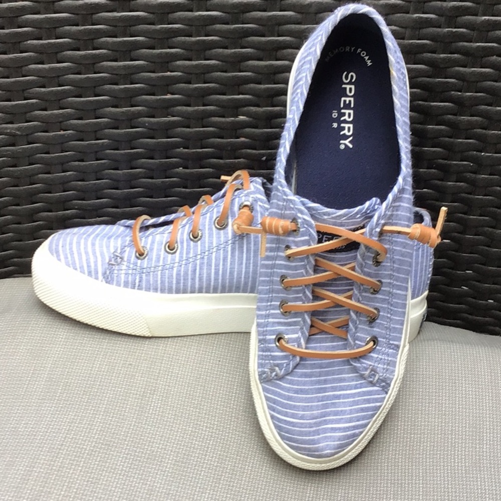 Sperry Platform Memory Foam Blue & White Boat No Tie Leather Laces Shoes Sz 7